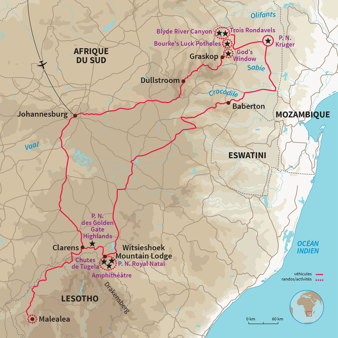 Randonnées dans le Drakensberg, trek de 3j au Lesotho et découverte du plus grand parc animalier du pays, le Parc Kruger