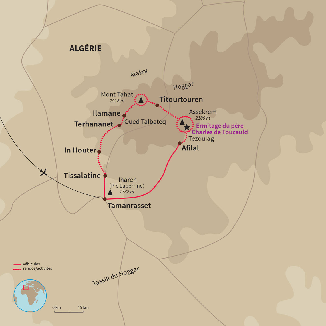 Randonnée au cœur du Hoggar, ascension du mont Tahat et montée de l'Assekrem vers l'ermitage de Charles de Foucauld