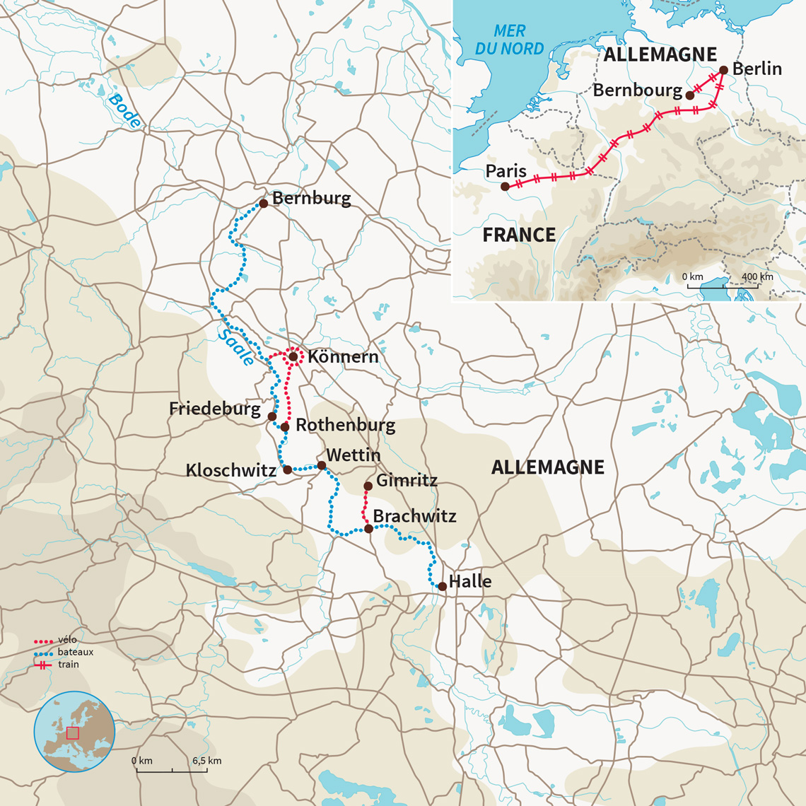 Croisière fluviale en Allemagne sur la rivière Saale et balade à vélo en Saxe-Anhalt, avec transport en train de nuit via Berlin.