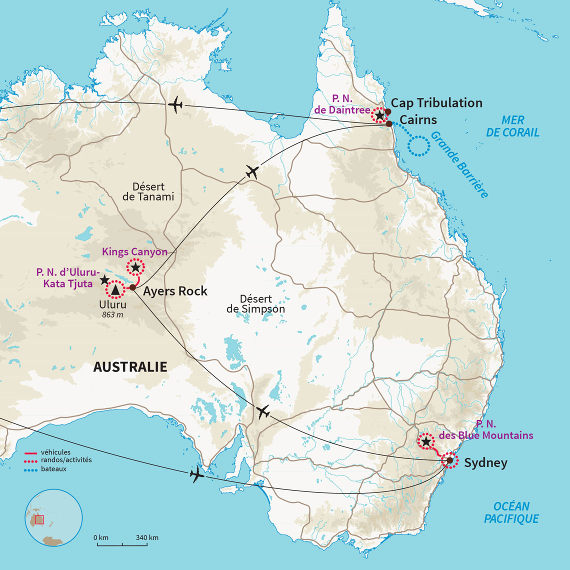 Le Road trip en Australie qui réunit l'emblématique Opéra de Sydney, le Rocher Uluru dans le Bush et la Grande Barrière de Corail