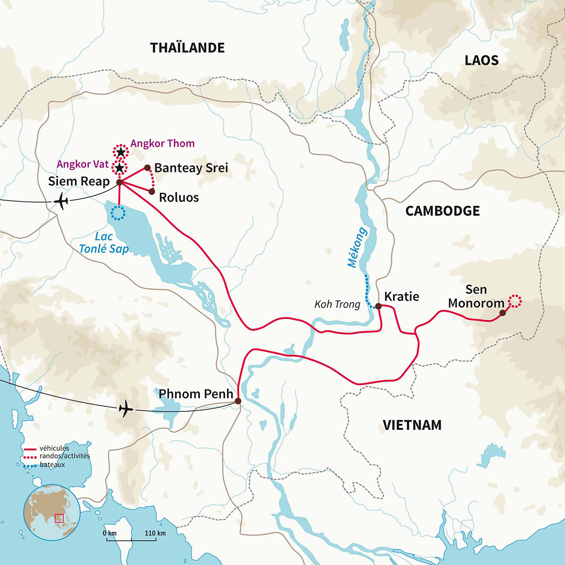 A pied, en tuk tuk, en minibus et bateau local, découvrez les plateaux du Mondolkiri jusqu'aux temples d'Angkor