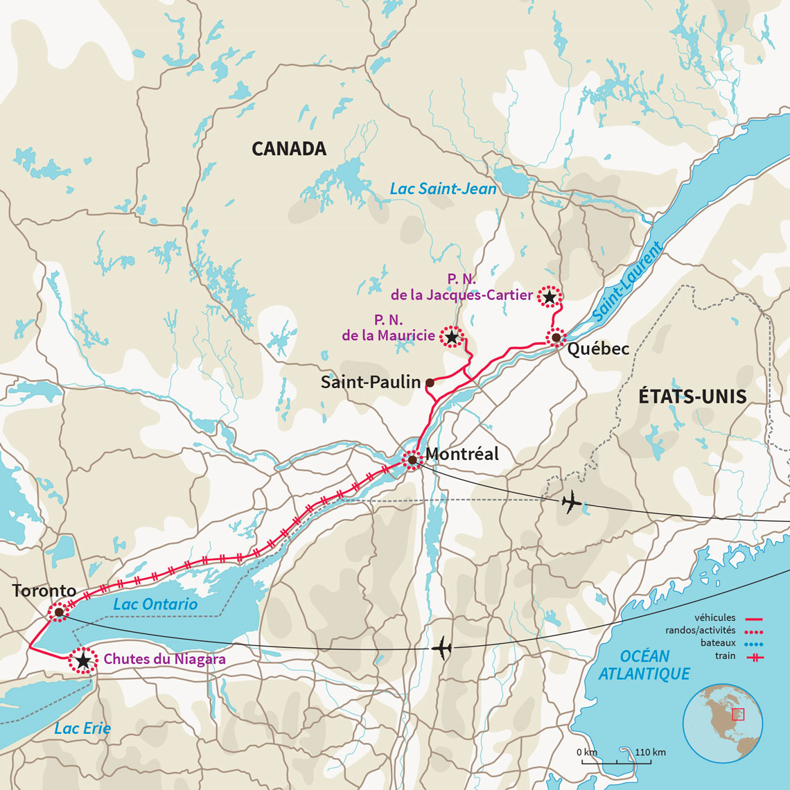 Voyage au Canada dans la région du Québec: le Parc de la Mauricie et la Jacques Cartier, Montréal, Québec et les chutes du Niagara