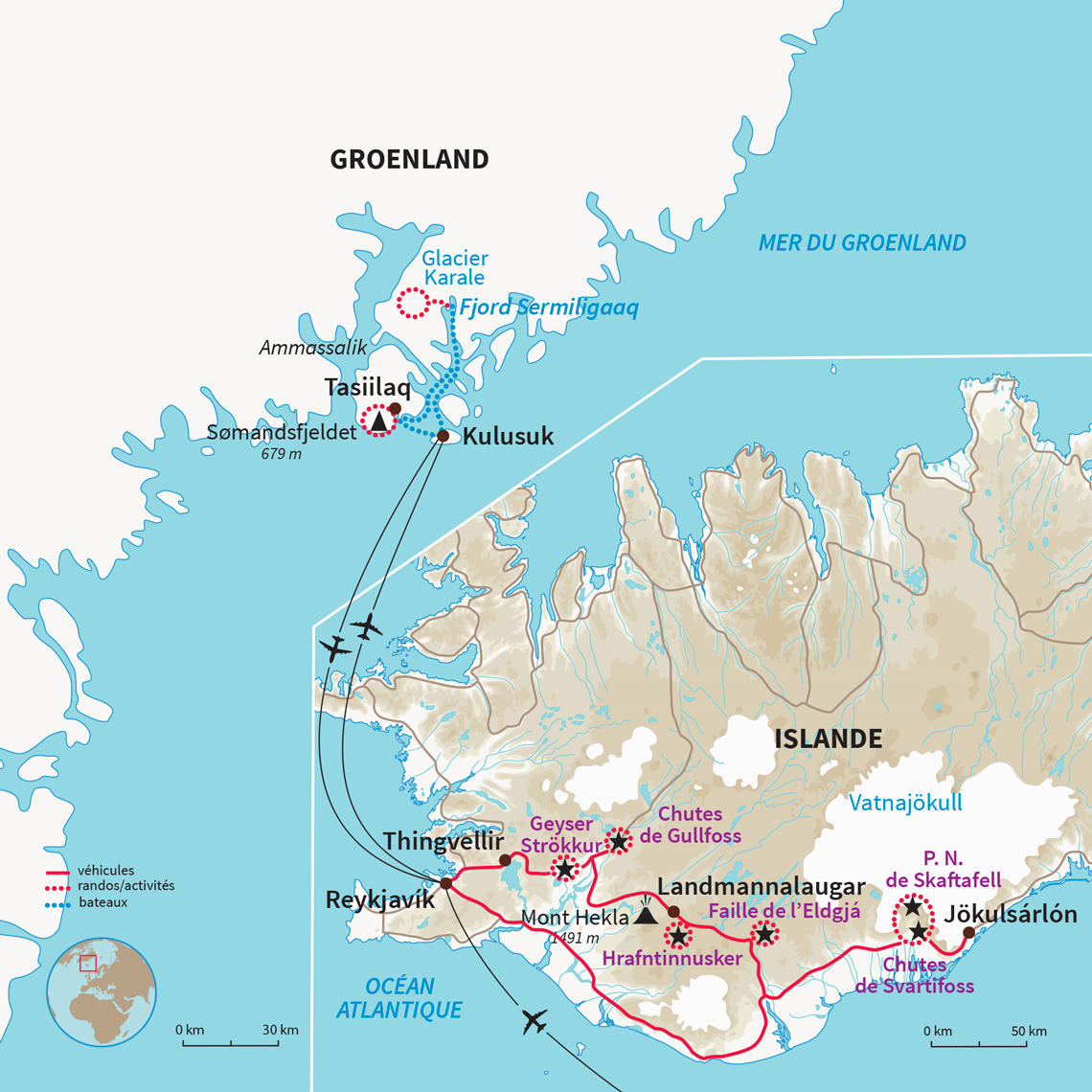 Itinérance nature au fil de deux trésors naturels du nord de l'Europe entre l'est du Groenland et le sud de l'Islande.