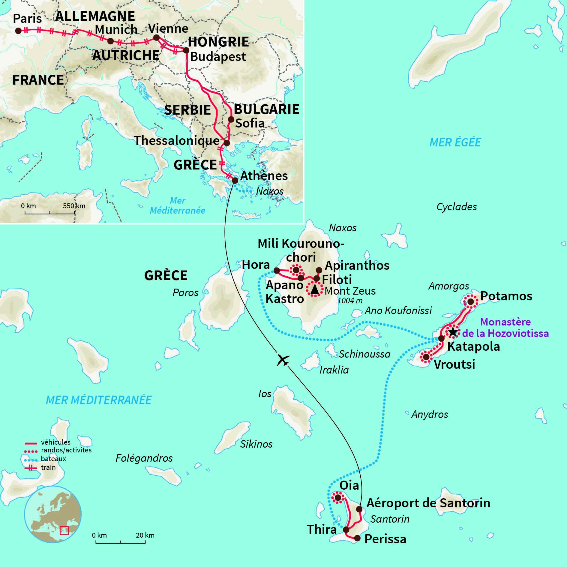 Circuit dans les îles Cyclades, à la découverte du meilleur de l'archipel : Naxos, Amorgos et Santorin. 