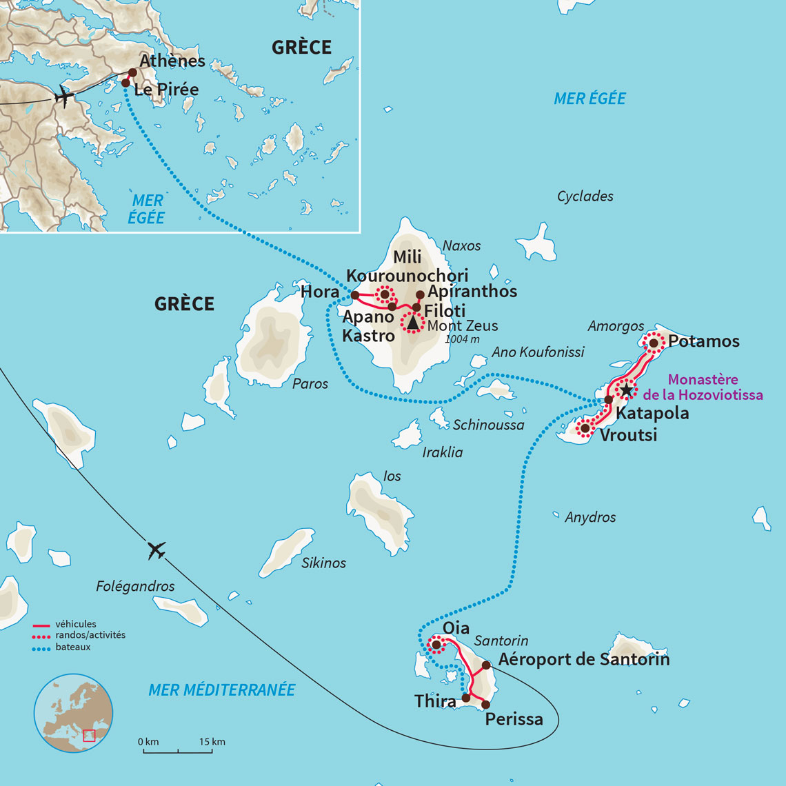 Circuit dans les îles Cyclades, à la découverte du meilleur de l'archipel : Naxos, Amorgos et Santorin. 