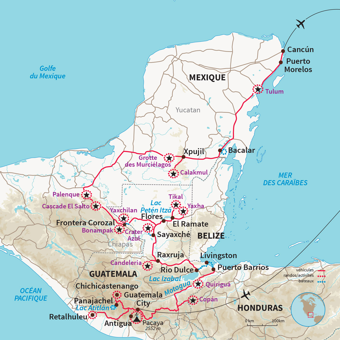 Traversée des terres mayas, des volcans guatémaltèques de la côte Pacifique à la péninsule du Yucatán au cœur de la Caraïbe