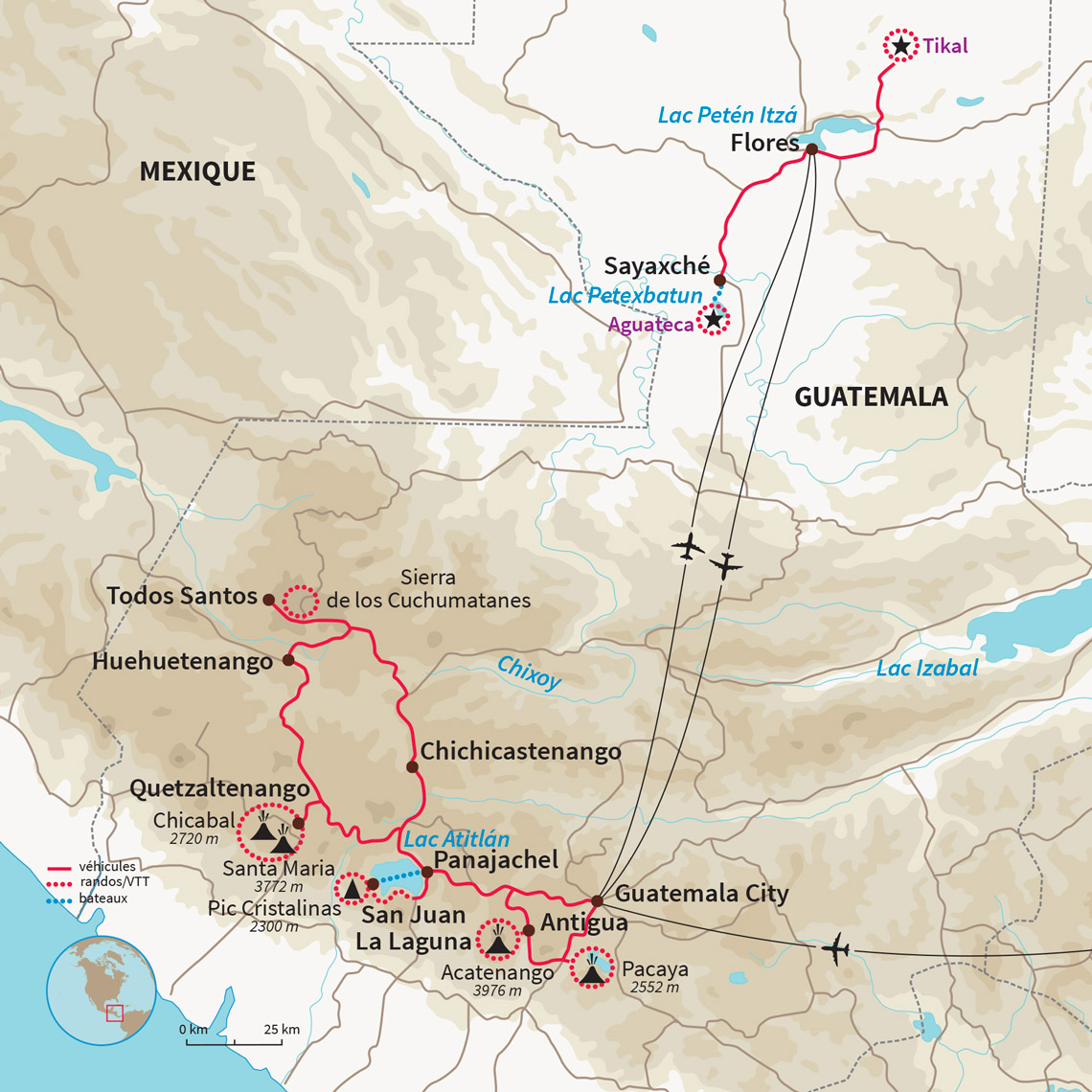 Trek volcanique sur les épaules de 4 géants, le lac Atitlán, la belle Antigua, le marché de "Chichi", la jungle du Petén et Tikal!