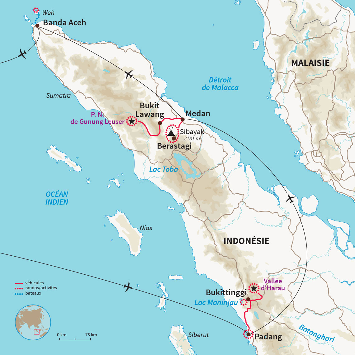 Rizières de la vallée d’Harau et lac Maninjau, Orang outans, Mont Sibayak et farniente sur la petite île Paradisiaque de Pulau Weh