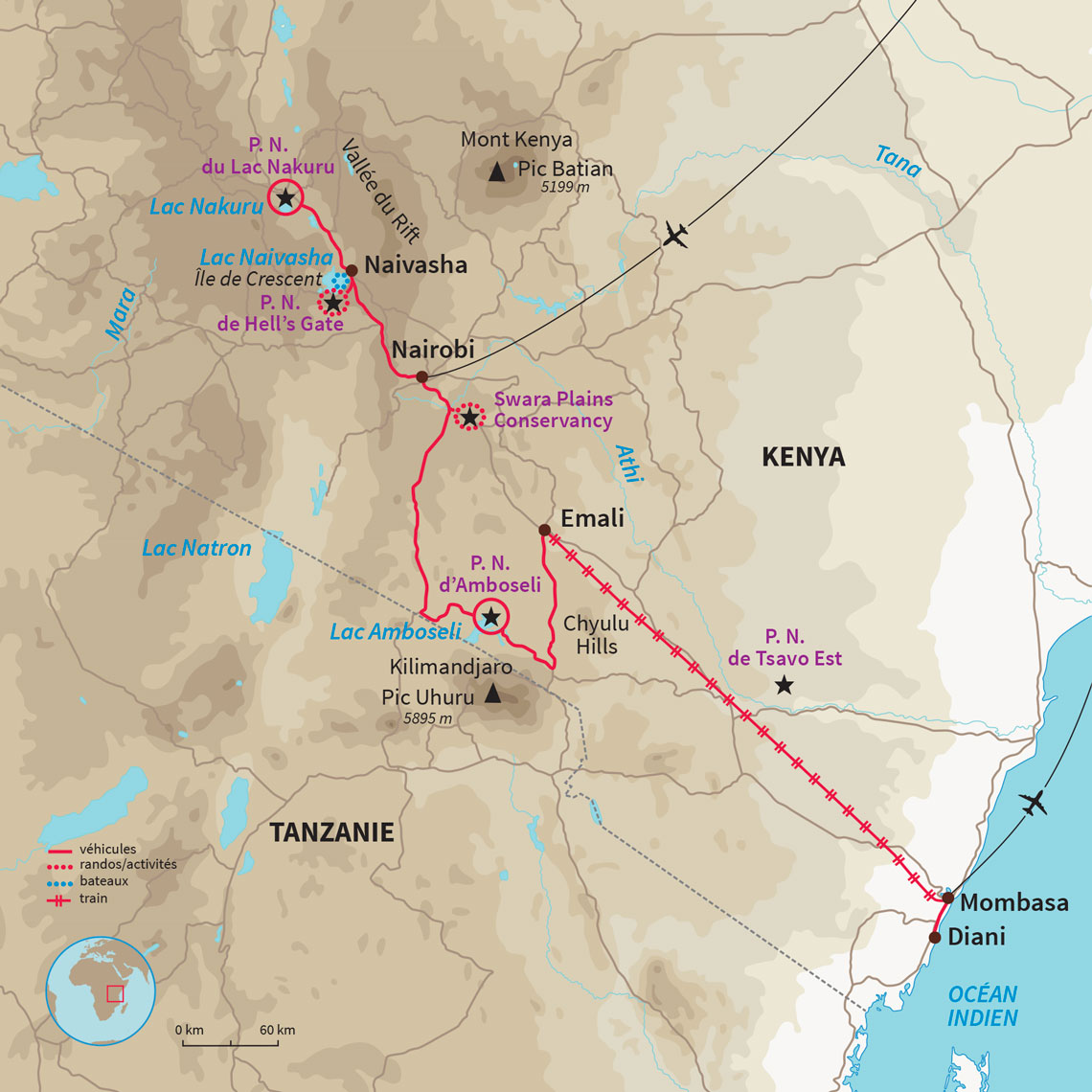 Safaris en 4X4, à pied, à vélo et en bateau dans les parcs du Lac Nakuru, Amboseli et Naivasha et plages paradisiaques de Diani 