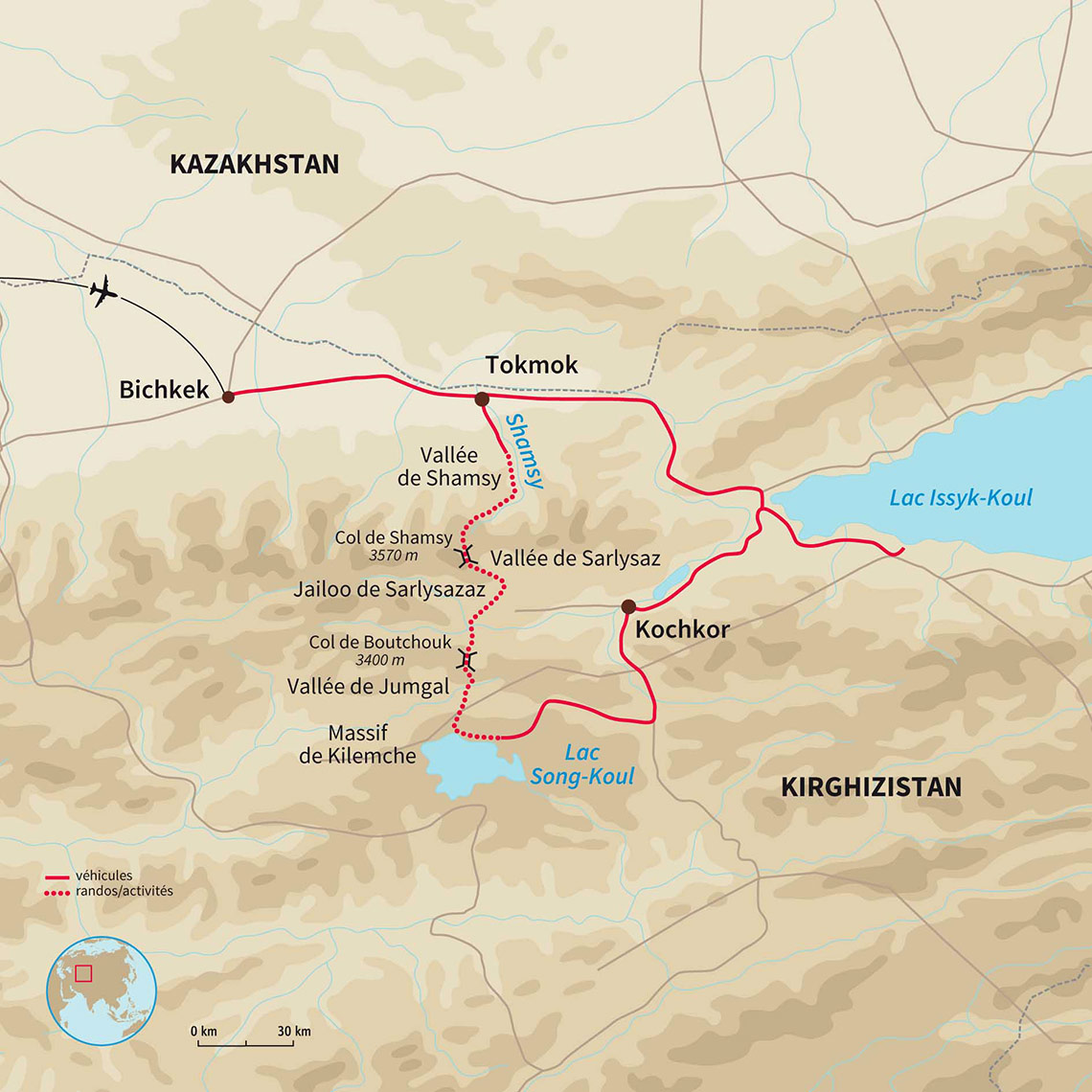 Rando entre monts et steppe : massif de Sandyk, vallée de Jumgal, avec comme temps forts les lacs d’Issyk Koul et de Son Koul.