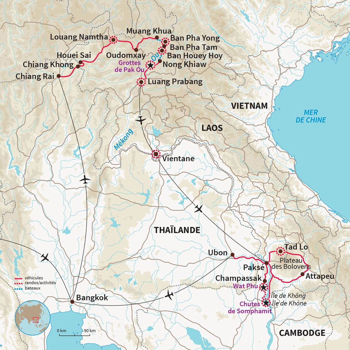 Par le triangle d'or, 20 jours pour traverser le Laos du Nord au Sud avec alternance de randonnées, visites et balades en bateaux.