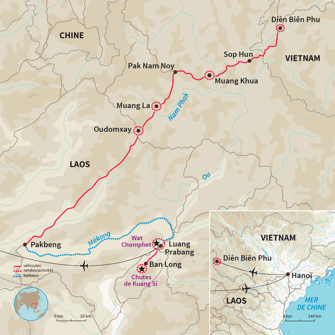 Passage au Laos par Dien Bien Phu et Tay Trang, randonnée dans la région de Muang Khua et découverte de Luang Prabang.