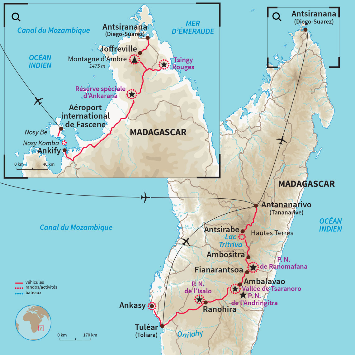 Visite des plus beaux sites du pays avec les Tsingy de l'Ankarana, la baie de Diego Suarez, la fameuse N7 et le massif d'Isalo