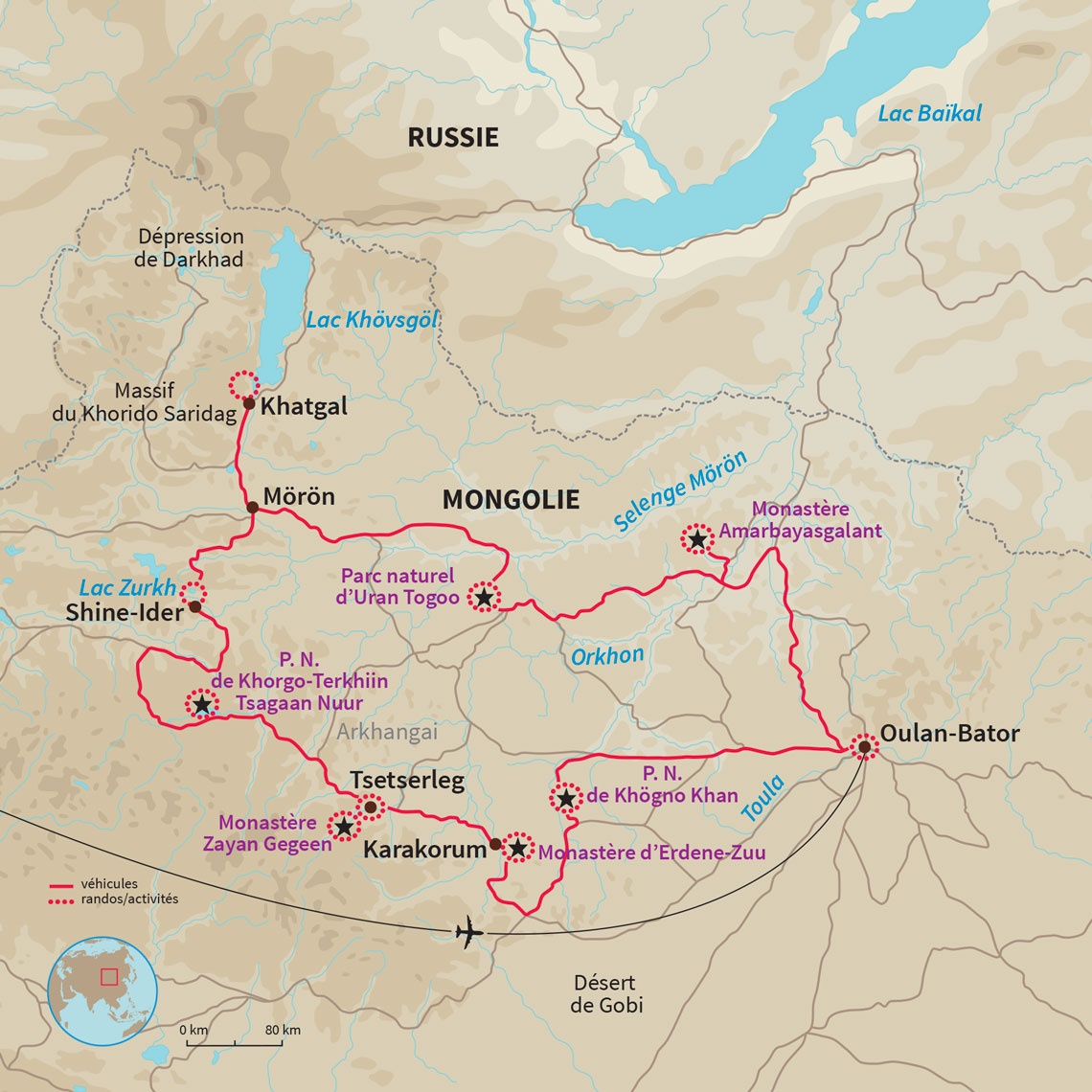 Partez pour un itinéraire dans la région du Khuvsgul, terre des Tsaans et réserve naturelle connue pour son lac et ses volcans