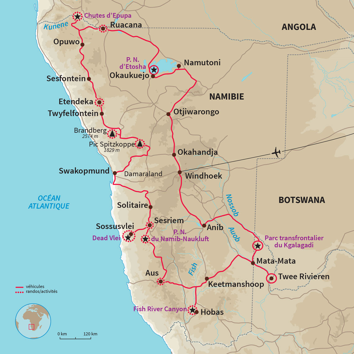 Circuit incontournables de Namibie et safari: Kalahari, Fish River Canyon, chutes d'Epupa, Namib, Etosha, Himba, Damaraland etc...