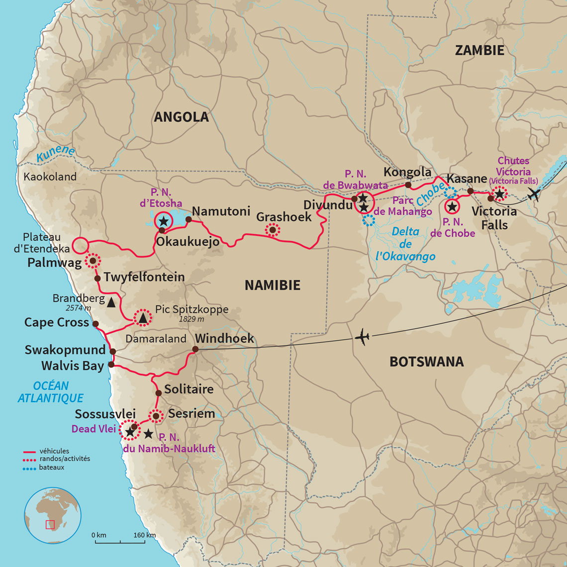 Voyage découverte et safaris en Afrique australe: désert du Namib, bushmen, Damaraland, Etosha, Chobe, Okavango, Chutes Victoria 