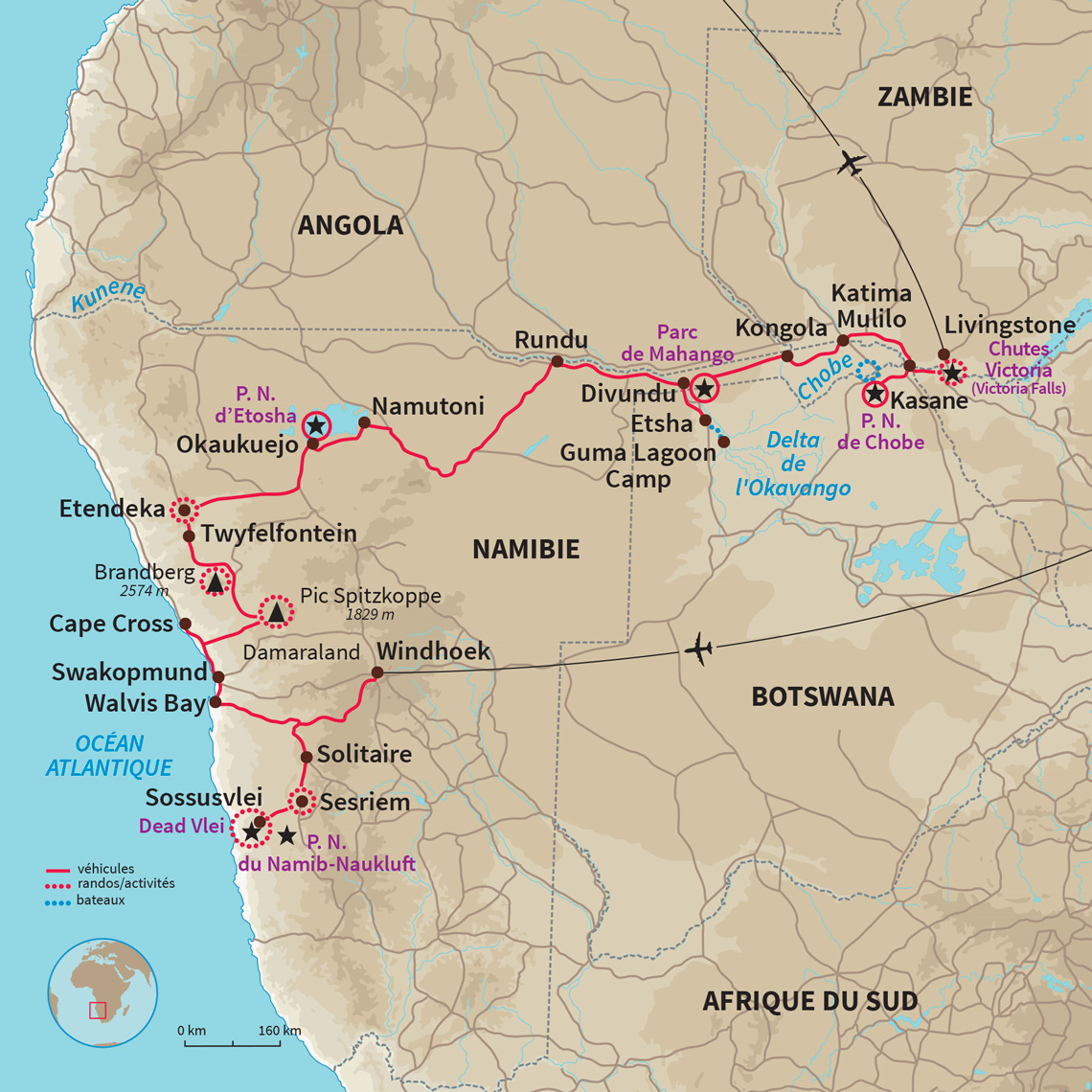 Voyage Namibie Botswana Zimbabwe : désert du Namib, Swakopmund, Damaraland, Etosha, Caprivi, Okavango, PN Chobe, Chutes Victoria