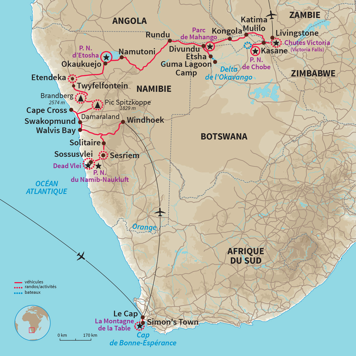 Voyage Namibie Afrique du Sud Botswana Zimbabwe : Cape Town, Namib, Damaraland, Kaokoland, Etosha, Caprivi, Okavango, Chobe etc.