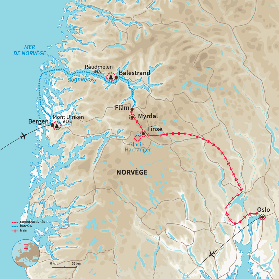 Voyage dans les fjords de Norvège de Bergen à Oslo, à pied, en ferry, et en train. Les plus beaux paysages du sud du pays.