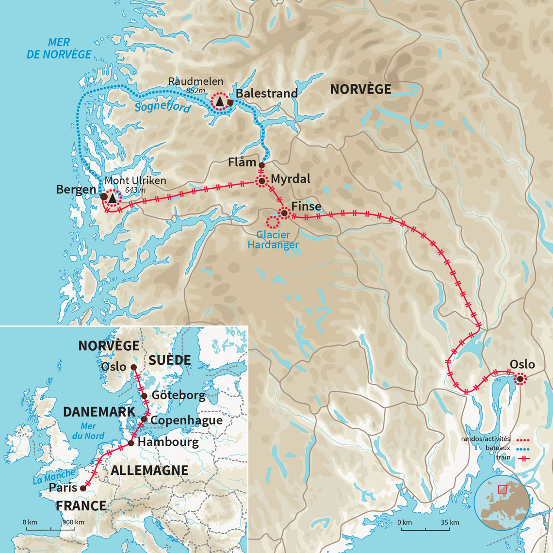 Voyage dans les fjords de Norvège de Bergen à Oslo, à pied, en ferry, et en train. Les plus beaux paysages du sud du pays.