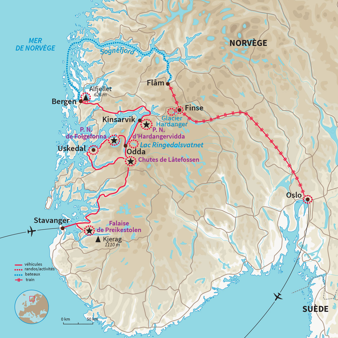 A pied, en bateau, en minibus et en train à la découverte du meilleur de la Norvège du sud.