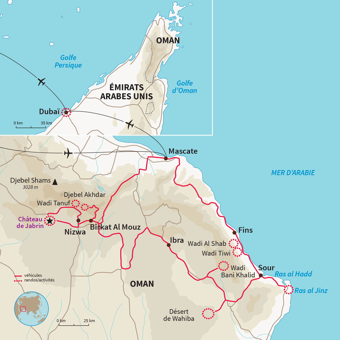 Circuit combiné de Oman à Dubaï : autotour en tente de Mascate aux wadis, via le Wahiba Sands, les jebels, et découverte de Dubaï