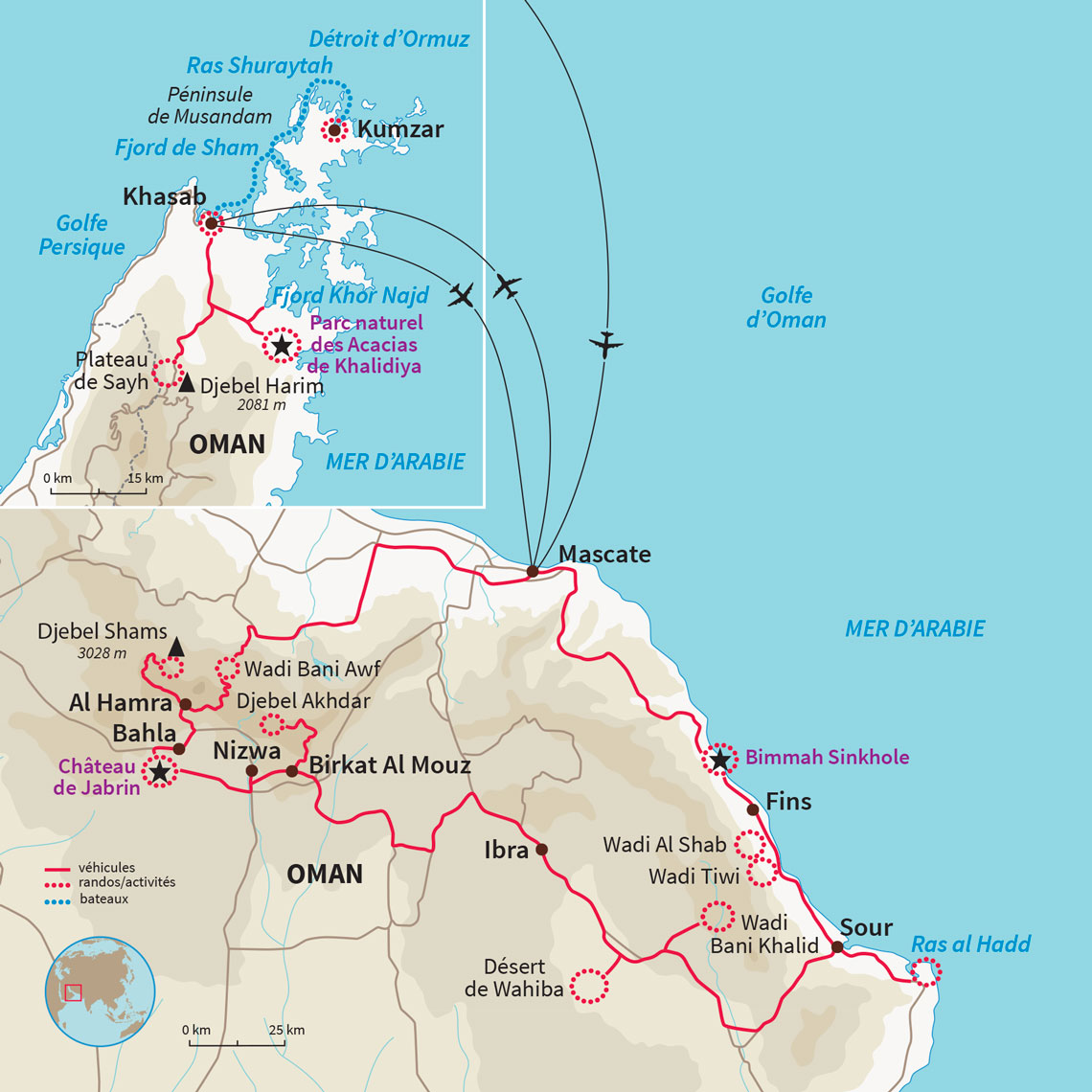 Autotour à Oman en 4x4 avec tente de toit, des montagnes au désert du Wahiba Sands, puis excursion à la péninsule du Musandam.