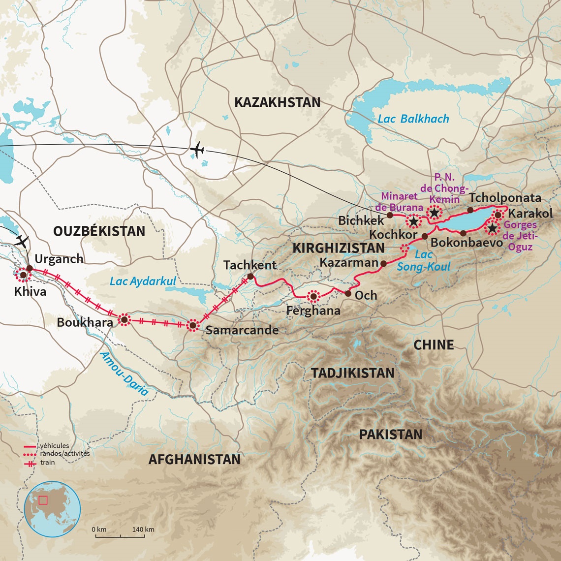 Combiné équilibré entre découverte des cités mythiques d’Ouzbékistan et immersion en terres nomades Kirghize.