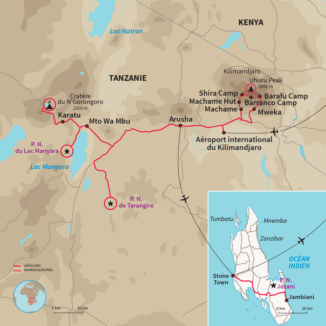 Ascenscion du Kili par la voie Machame, safari en lodge dans les parcs Tarangire, Manyara et N'Gorongoro et détente à Zanzibar ! 