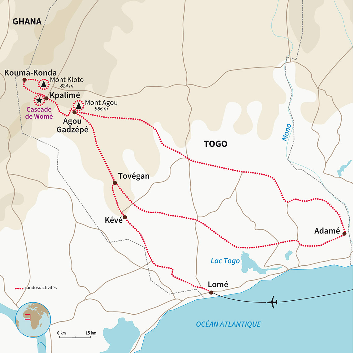 Epopée sur les pistes du Sud, croisant champs de cacao, savane, hippos et lac Togo