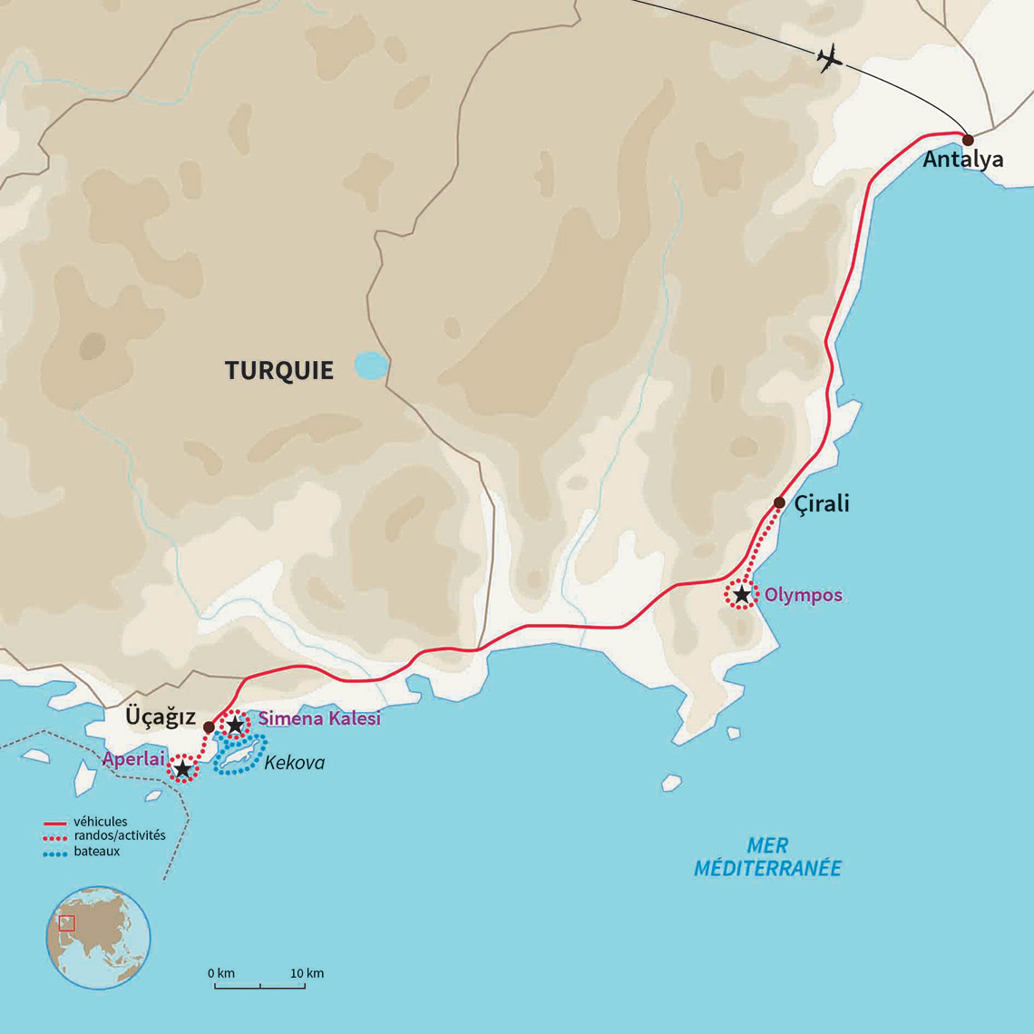 La Lycie à pied, en VTT, en kayak & en bateau sans oublier la rando vers la citadelle de Simena et la cité engloutie d'Aperlea.