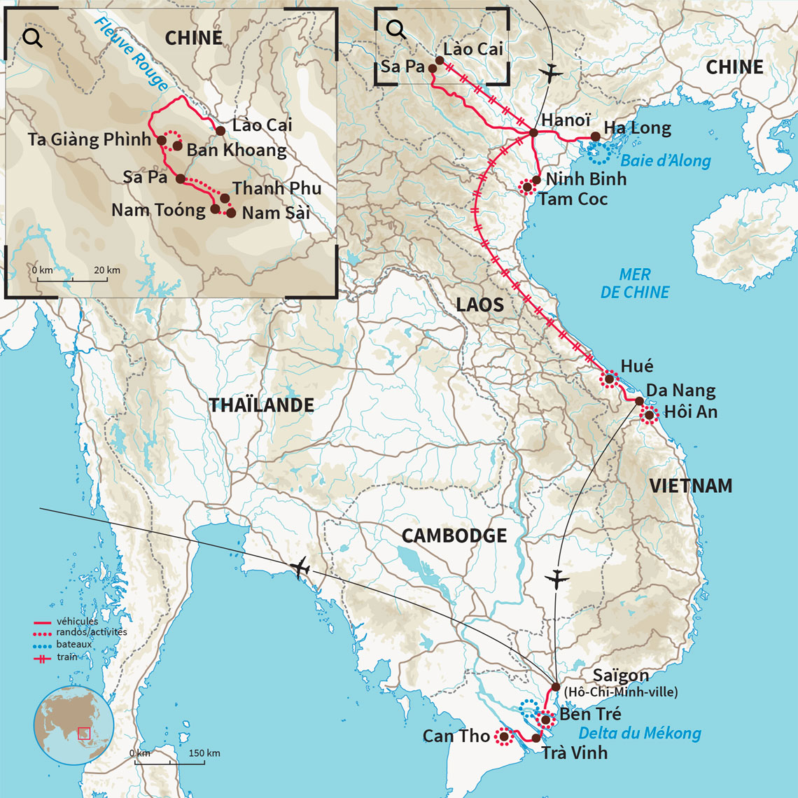 Le Vietnam du nord au sud en 3 semaines, avec alternance de trek, transport en train et navigation en jonque traditionnelle.