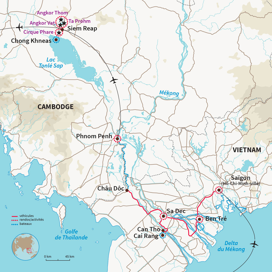 Circuit Vietnam Cambodge : Saigon, Delta du Mékong, Phnom Penh , Angkor. Le tout parsemé d'activités originales et authentiques