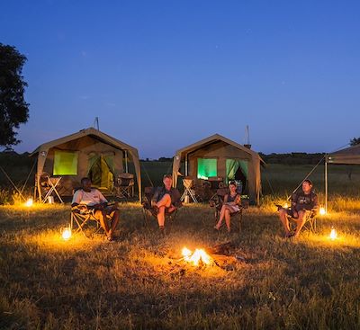 Safari en 4x4 ouvert dans tous les parcs, grande tente confort avec vrais lits, survol du delta de l’Okavango et chutes Victoria